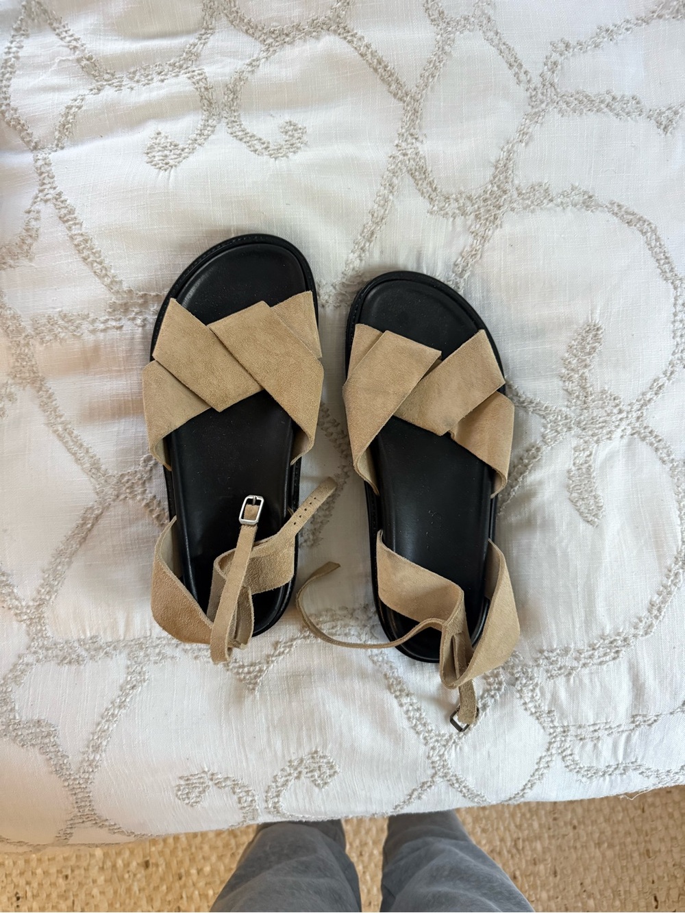 Women's Suede Knit-Strap Sandals - Beige